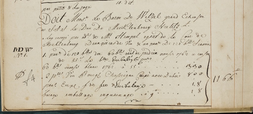 Extrait du livre de comptes de la Maison Ruinart dans lequel est enregistrée la première expédition de champagne rosé en Allemagne : «un panier de 120 bouteilles dont 60 bouteilles oeil de perdrix mousseux 1762» adressé à M. le baron de Welzel, grand échanson de S. A. S. le duc de Mecklembourg-Strelitz. Reims, 14 mars 1764. (Archives Maison Ruinart DR.)