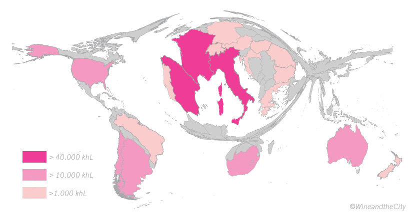 Cartogramme des principaux pays producteurs de vin en 2013 (la taille des pays est proportionnelle à la production). Source : OIV, calculs Wine and the City